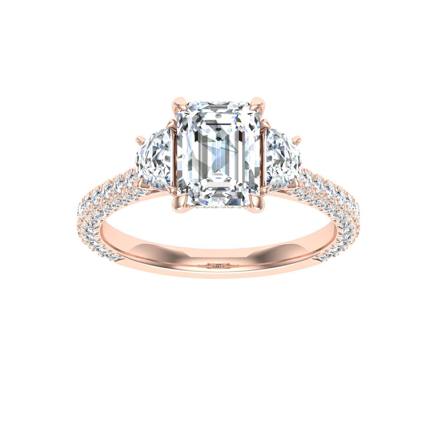 Flare Emerald 3 Stone Moissanite Engagement Ring White Gold